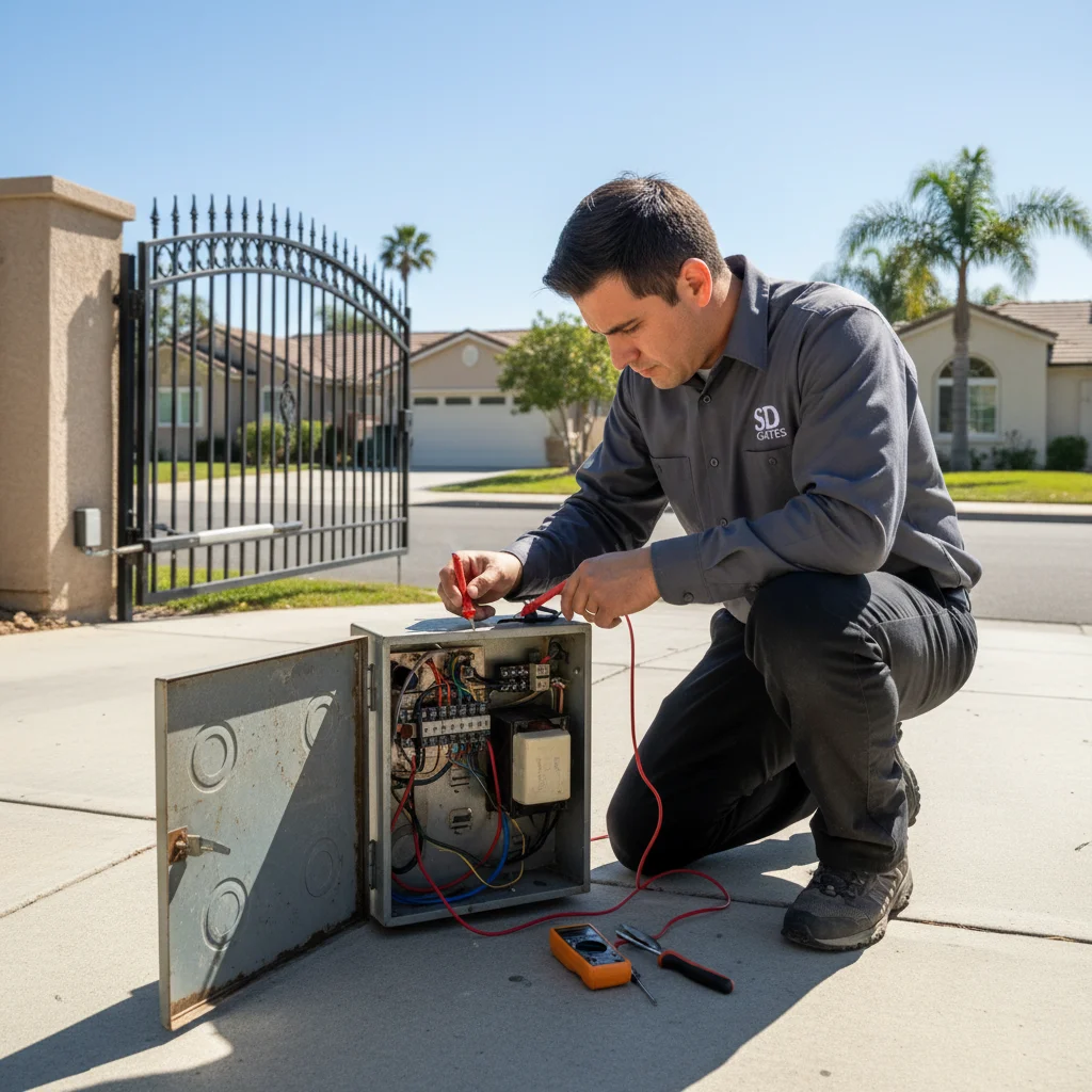 A service technician diagnosing a problem with an automatic gate opener control box in a San Diego driveway.