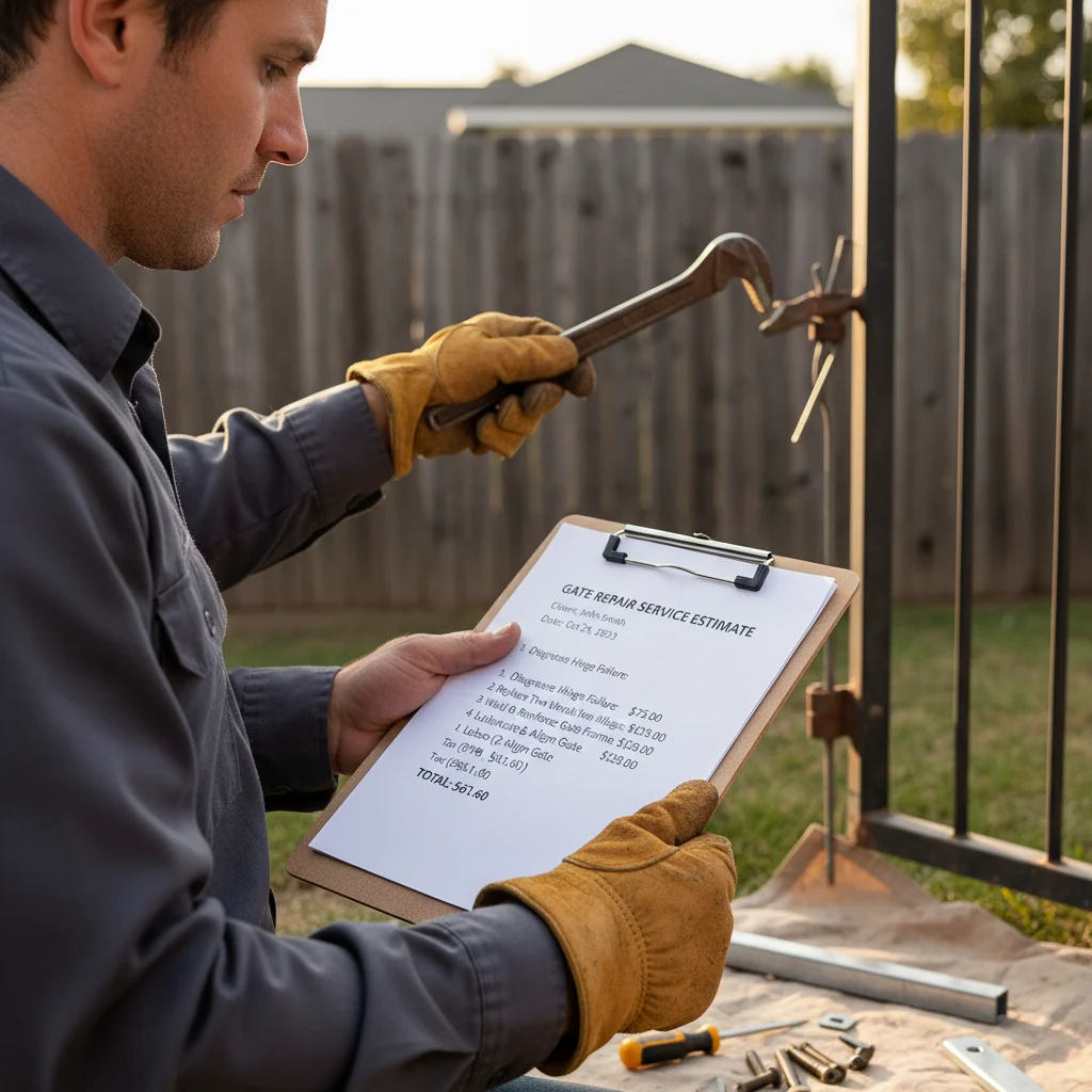 A clear, itemized quote for a gate repair service on a clipboard.