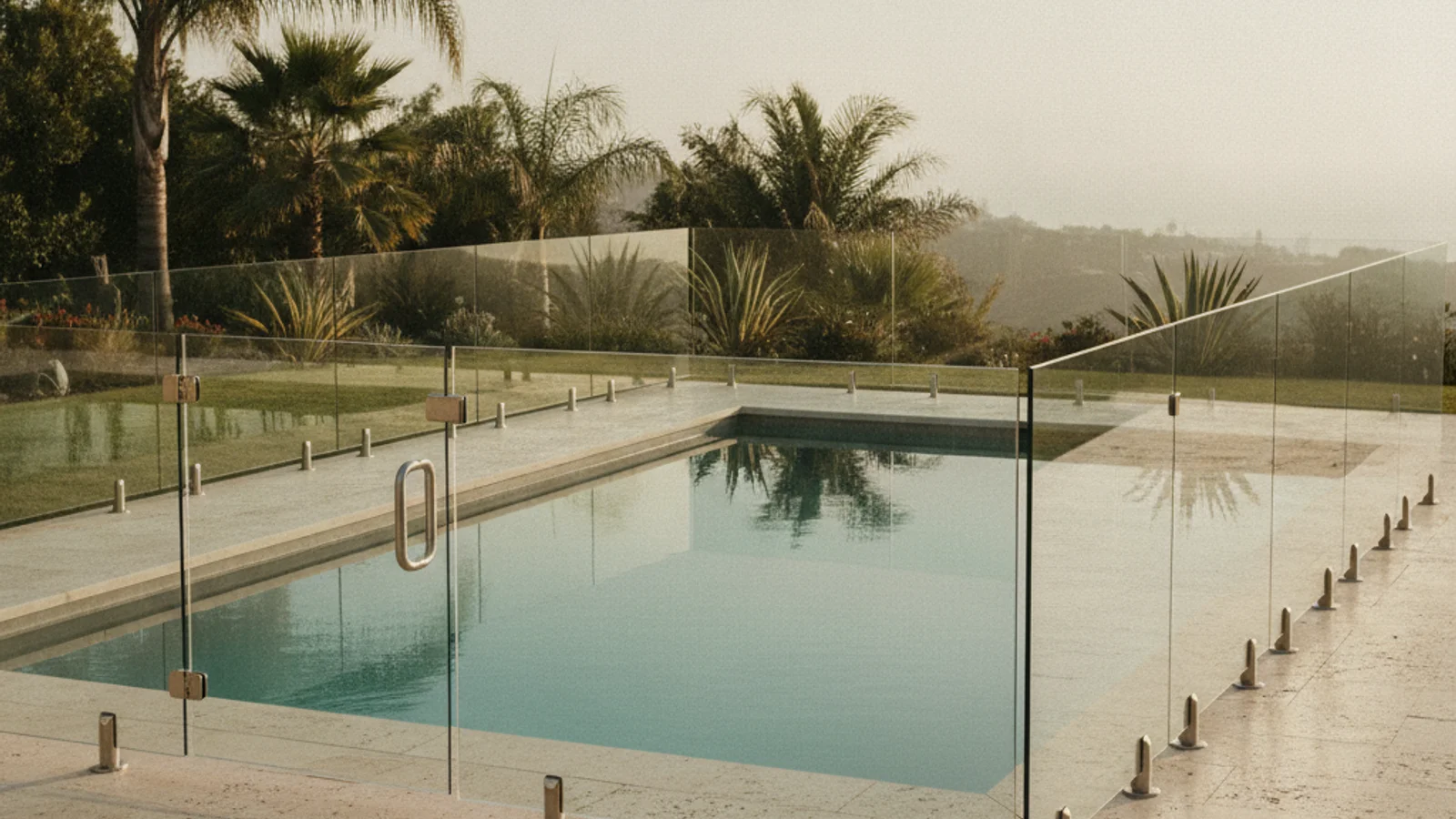 A frameless glass pool fence with stainless steel spigots surrounds a modern San Diego backyard pool, palm trees and coastal afternoon light in the background