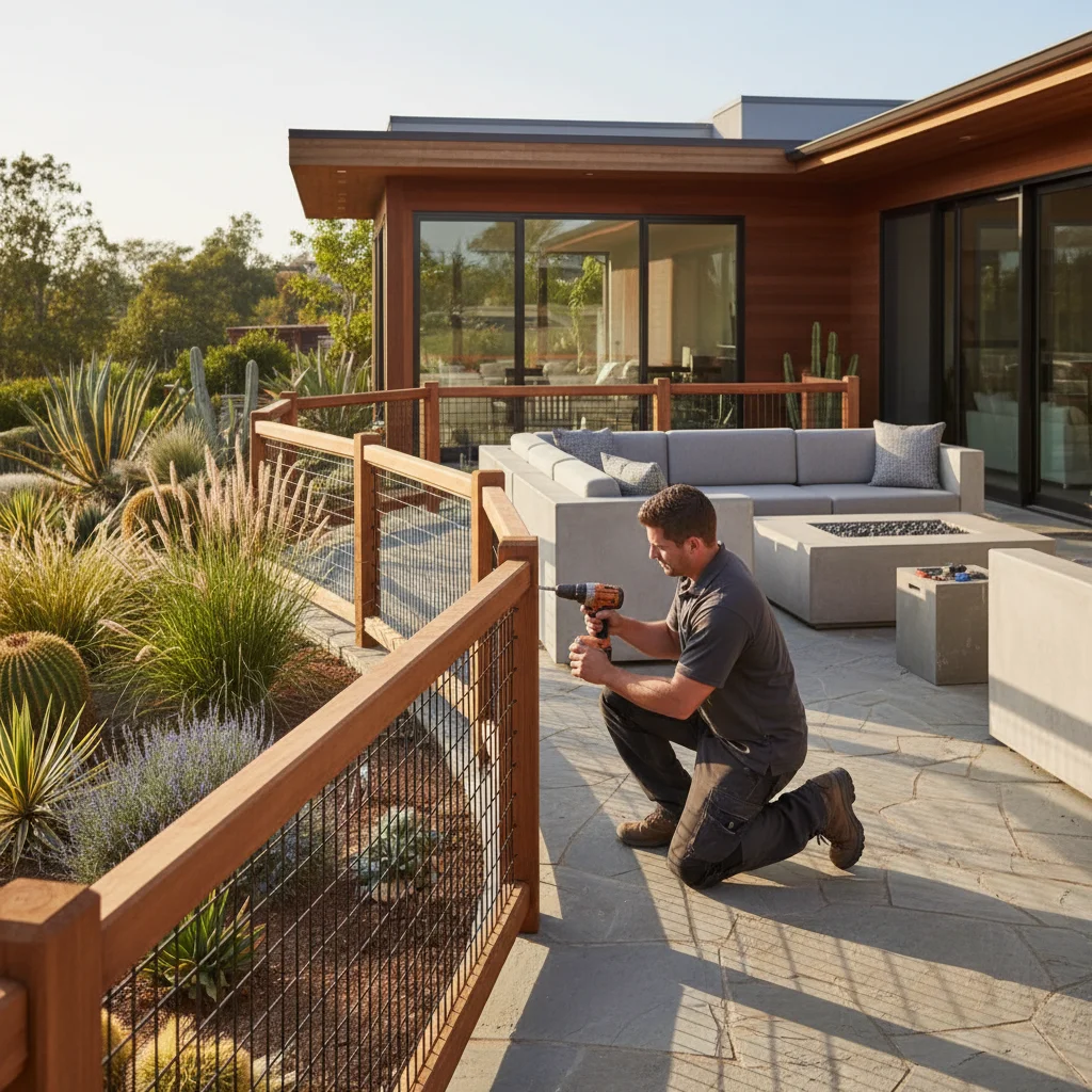 A stylish hog wire fence with a cedar frame enclosing a modern patio in a San Diego home, with drought-tolerant plants.