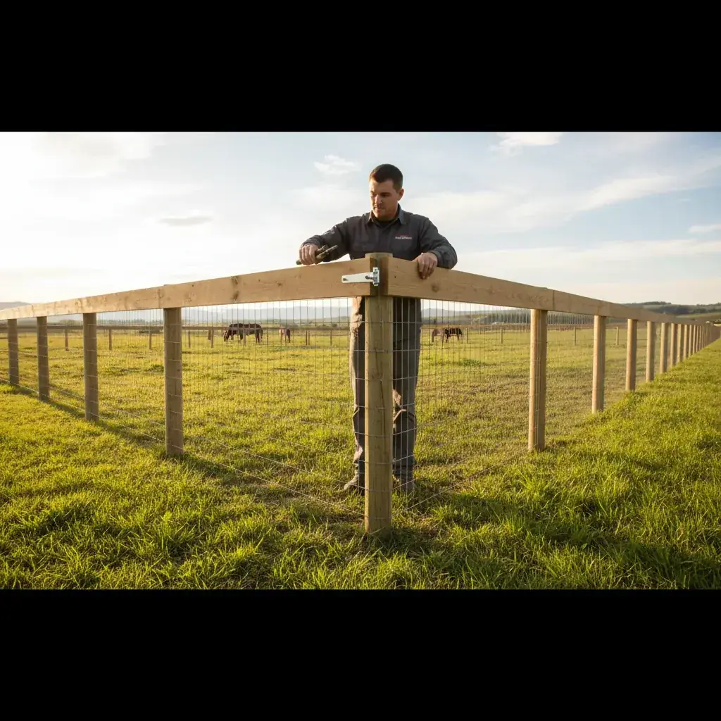 A close-up of a no-climb wire mesh fence corner with a sturdy wood top rail and galvanized gate hardware, ideal for horse paddocks.