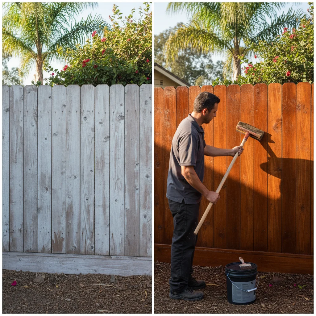 A split photo showing a weathered, gray wood fence next to a freshly stained, rich brown fence under the bright San Diego sun.