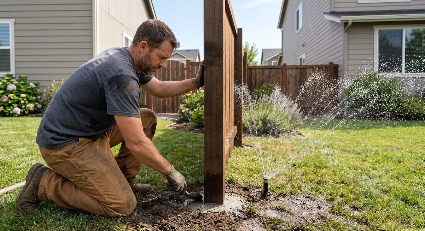 Residential fence post beside sprinkler spray and damp soil
