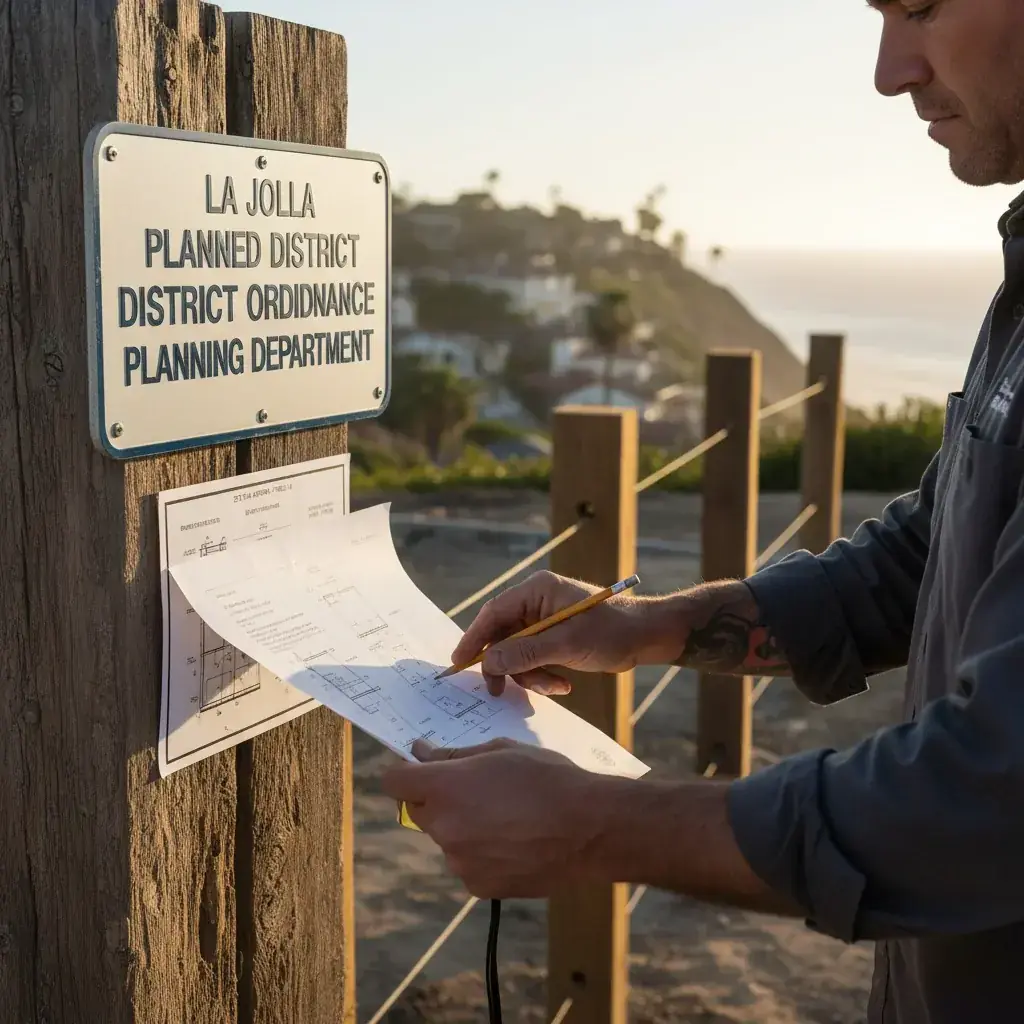 A photo of a planning department sign or document related to the La Jolla PDO (Planned District Ordinance).