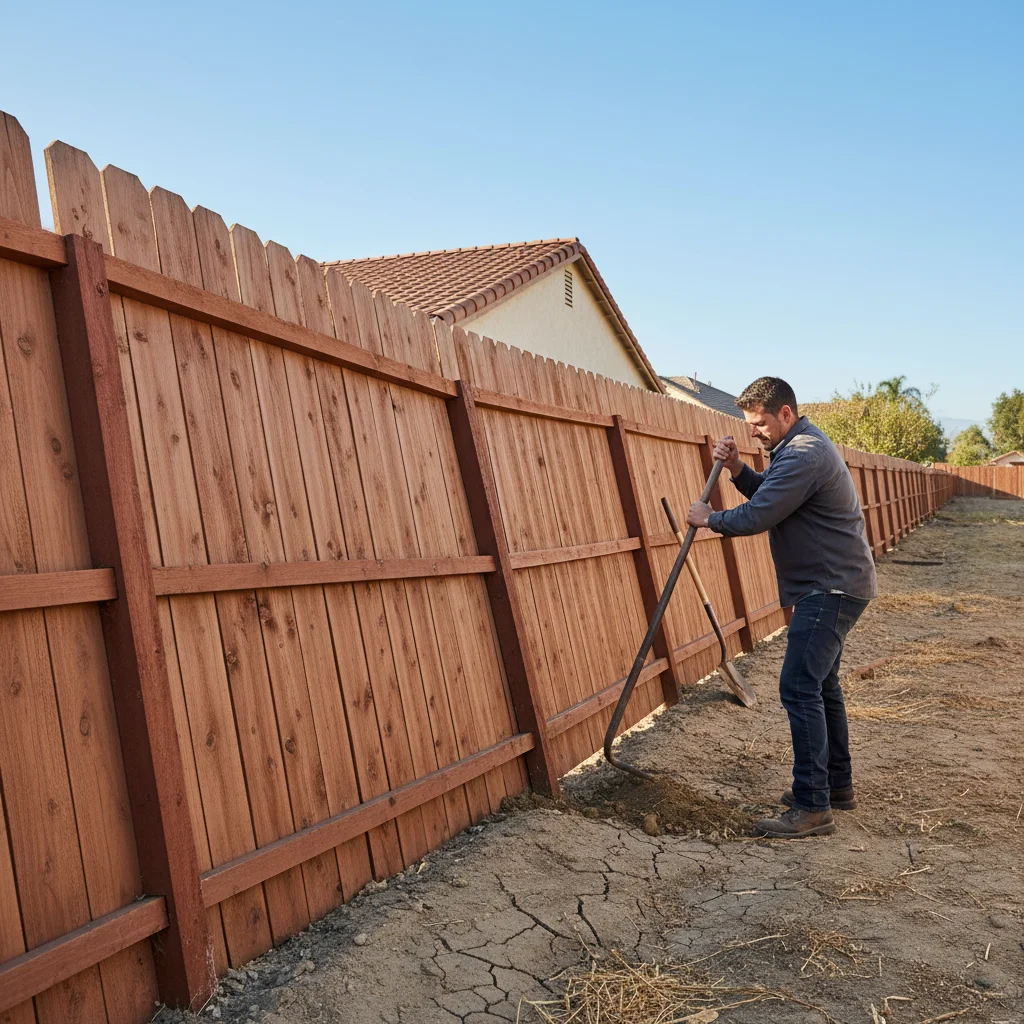 A wooden fence leaning at a 15-degree angle along a San Diego property line with dry soil visible at the post base and clear blue sky above