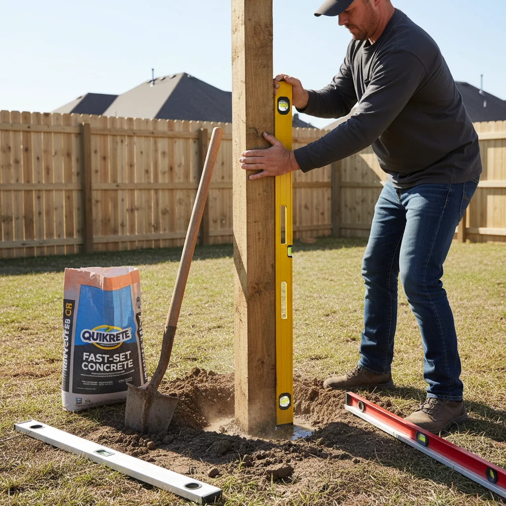 A worker holding a level against a leaning fence post with a post-hole digger, level tool, and fast-set concrete bag laid out on the ground nearby