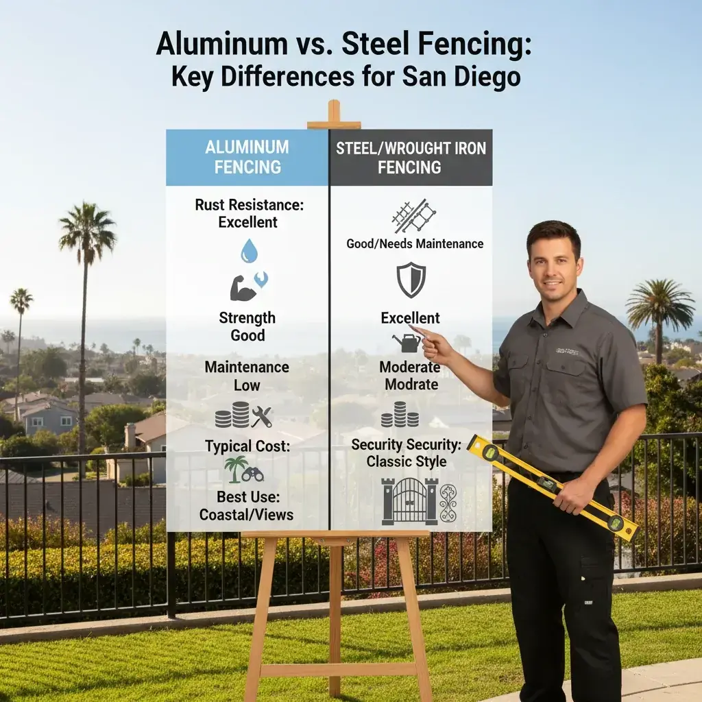 Infographic comparing aluminum and steel fence key features: rust resistance, strength, maintenance, cost, and ideal uses in San Diego.