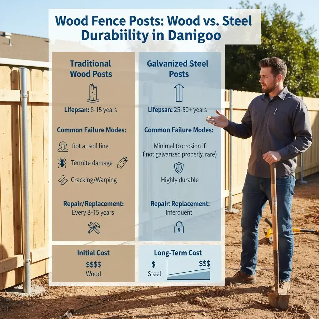 An infographic comparing the typical lifespan and common failure points of wood fence posts versus galvanized steel posts in San Diego's climate.