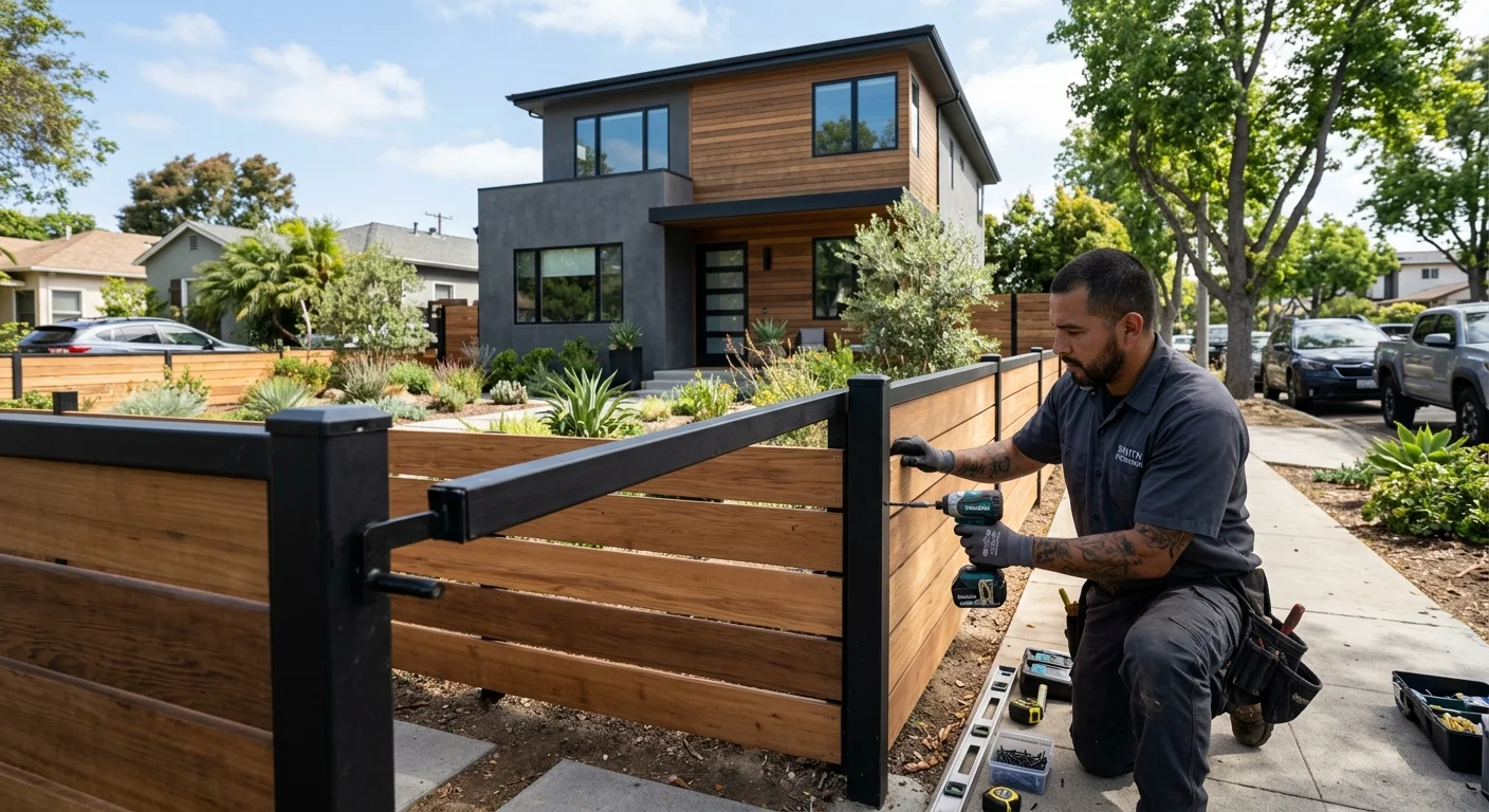 A striking modern horizontal fence with black steel posts in front of a contemporary home in a San Diego neighborhood