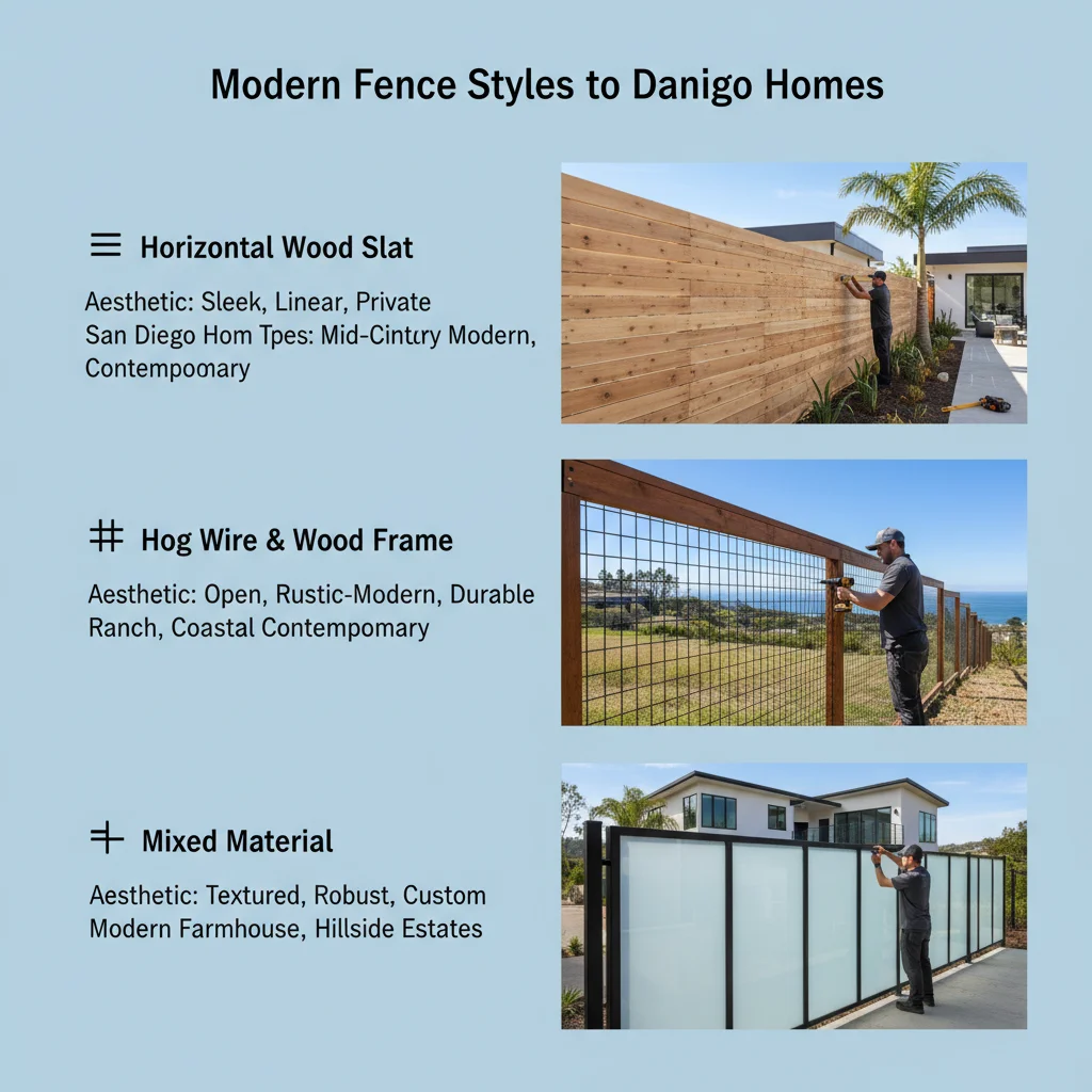 Infographic comparing different modern fence styles: horizontal wood, hog wire, and mixed material fences, highlighting their visual characteristics and common applications.