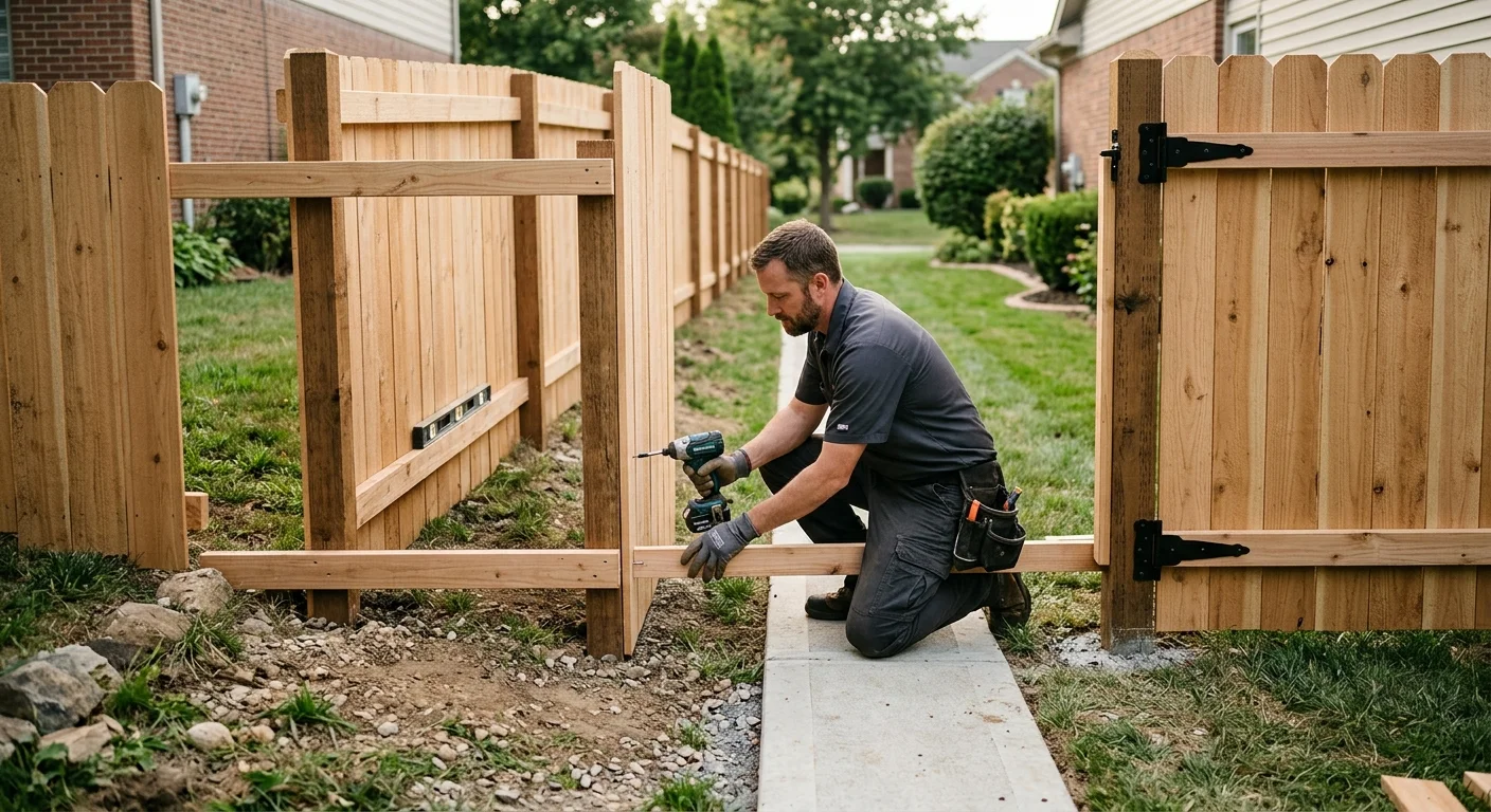 New residential fence aligned over a narrow concrete mow strip
