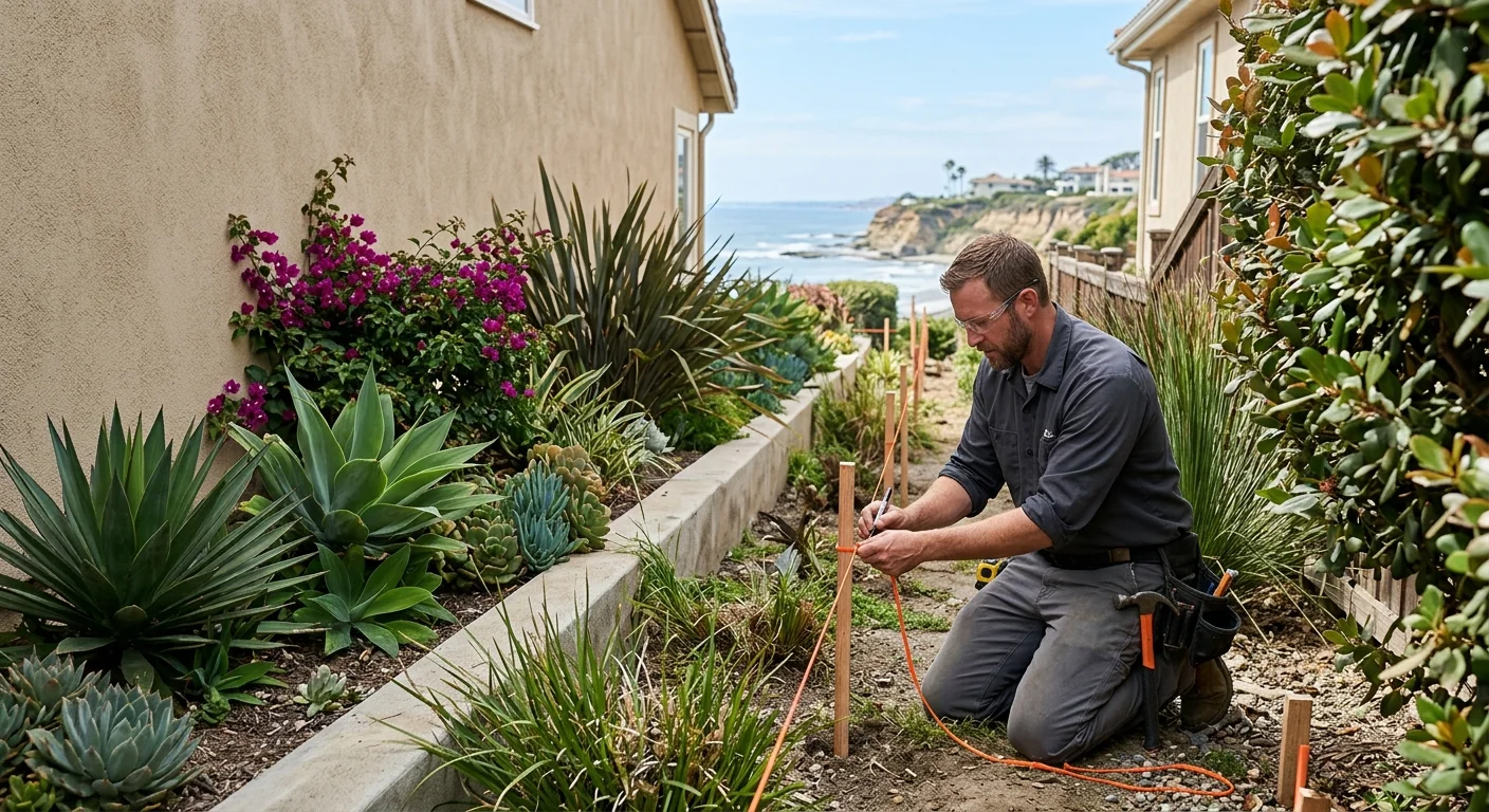 A Solana Beach property with a marked fence line and narrow side yard