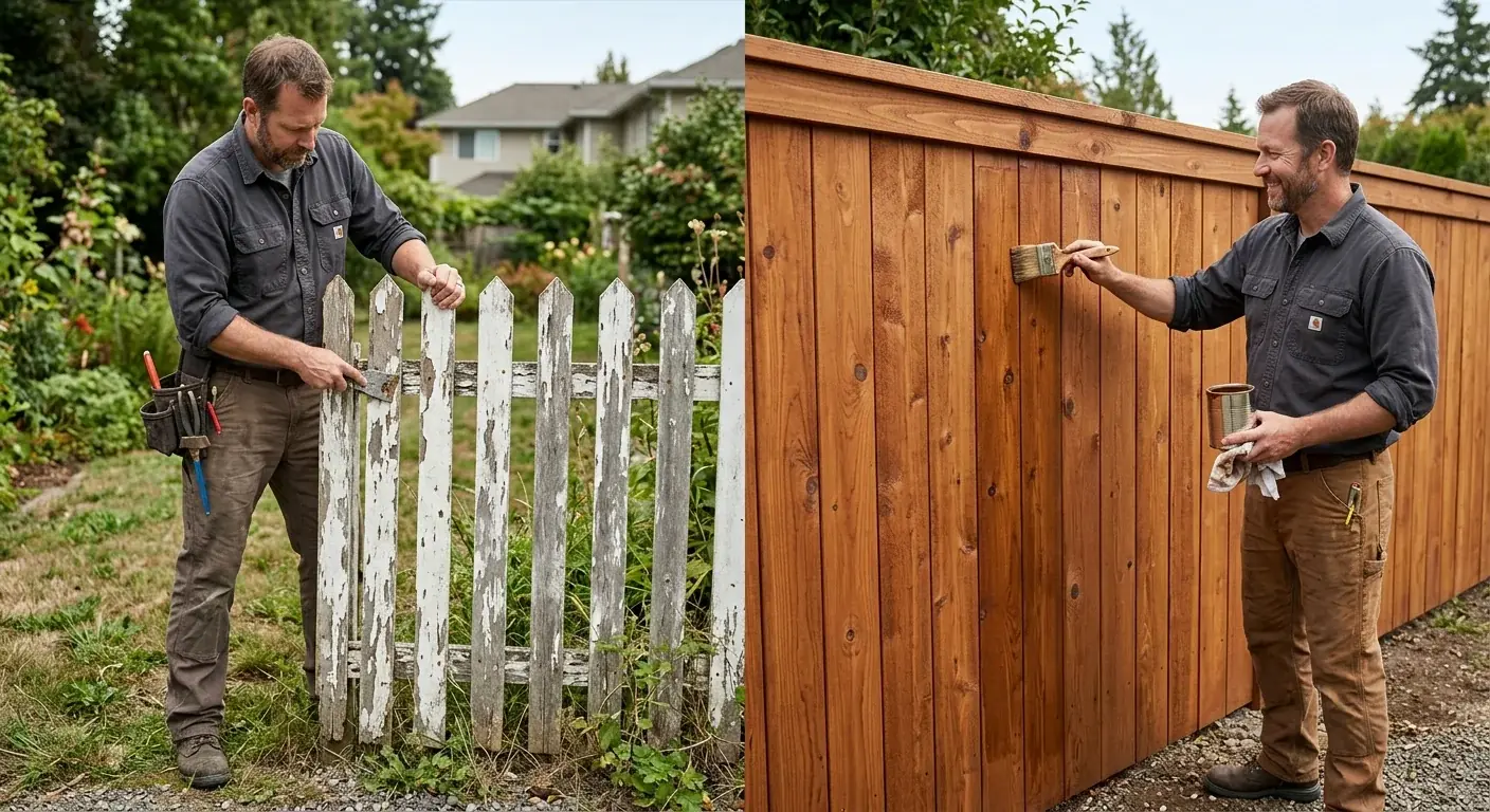 A split image: the left side shows a peeling, painted wood fence, and the right side shows a beautifully stained wood fence with the grain visible.