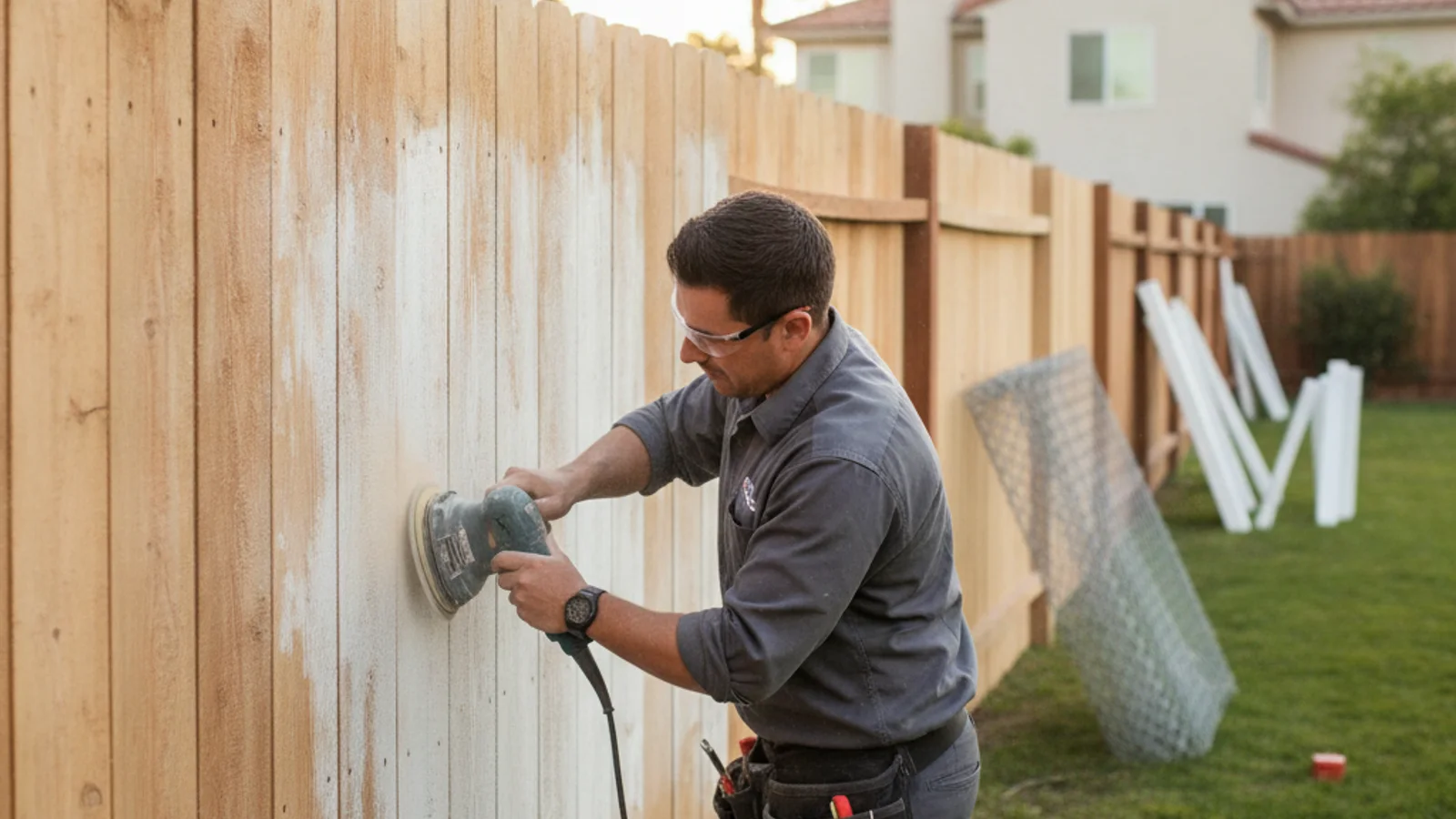 Close-up of peeling white paint on a wood fence, exposing bare wood grain underneath.