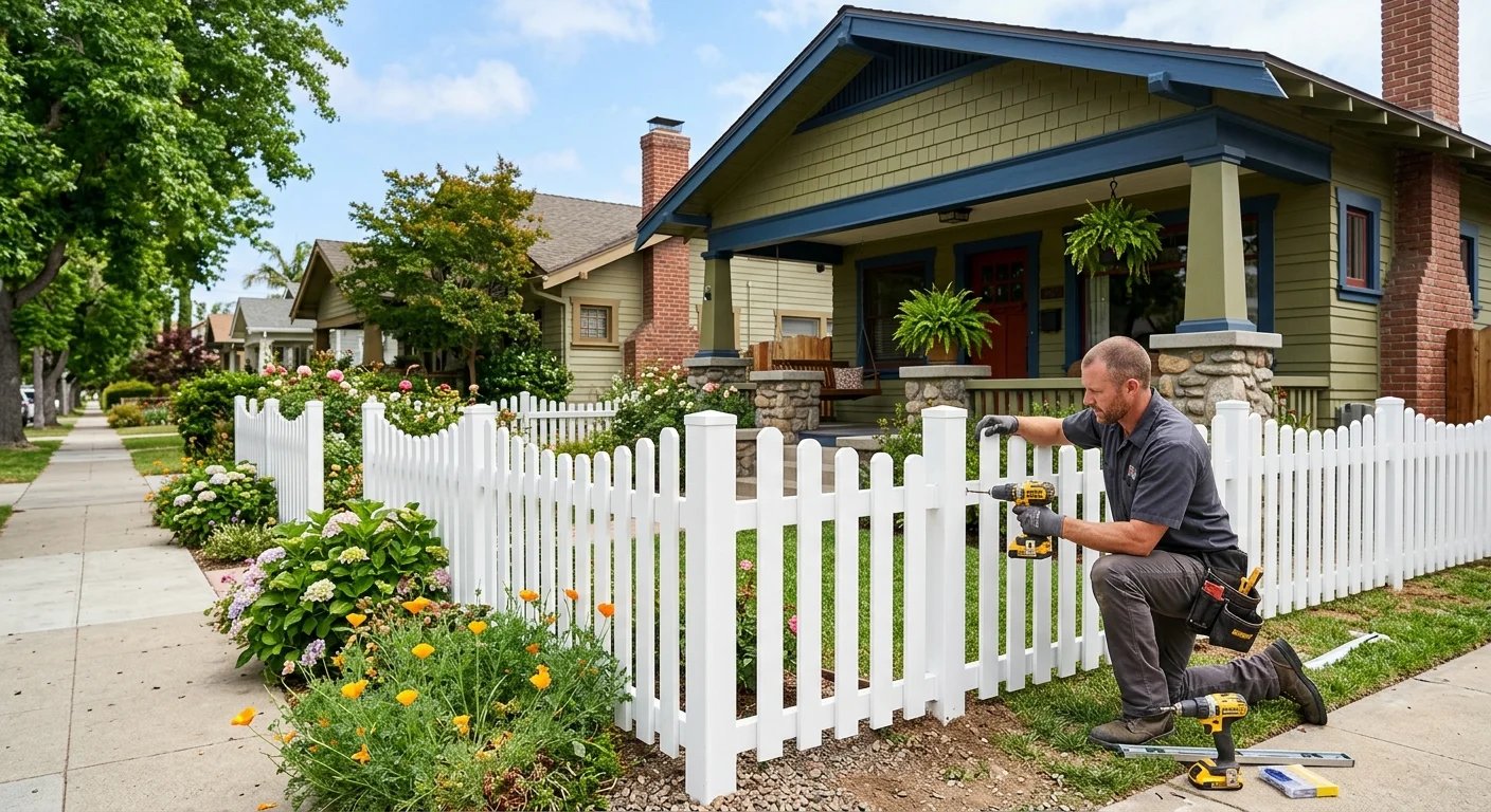 A charming white vinyl picket fence with a scalloped top in front of a colorful Craftsman bungalow in a neighborhood like North Park or Kensington.