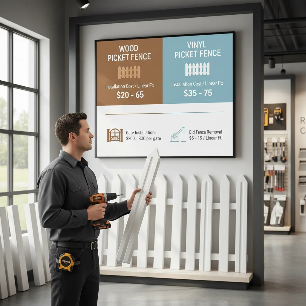 Infographic detailing picket fence cost factors in San Diego, including material, height, labor, and gate additions for both wood and vinyl.