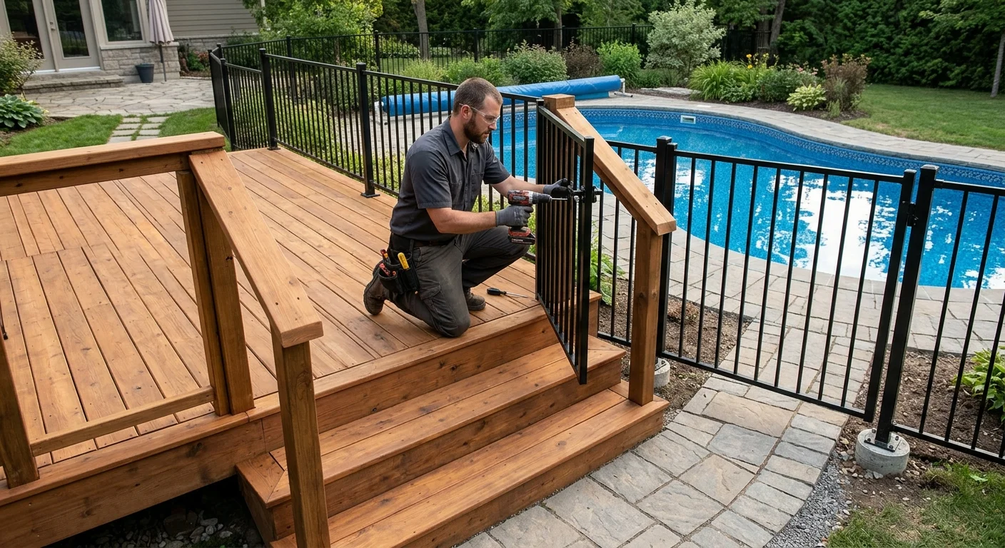 Remodeled deck beside a pool barrier with a gate and steps
