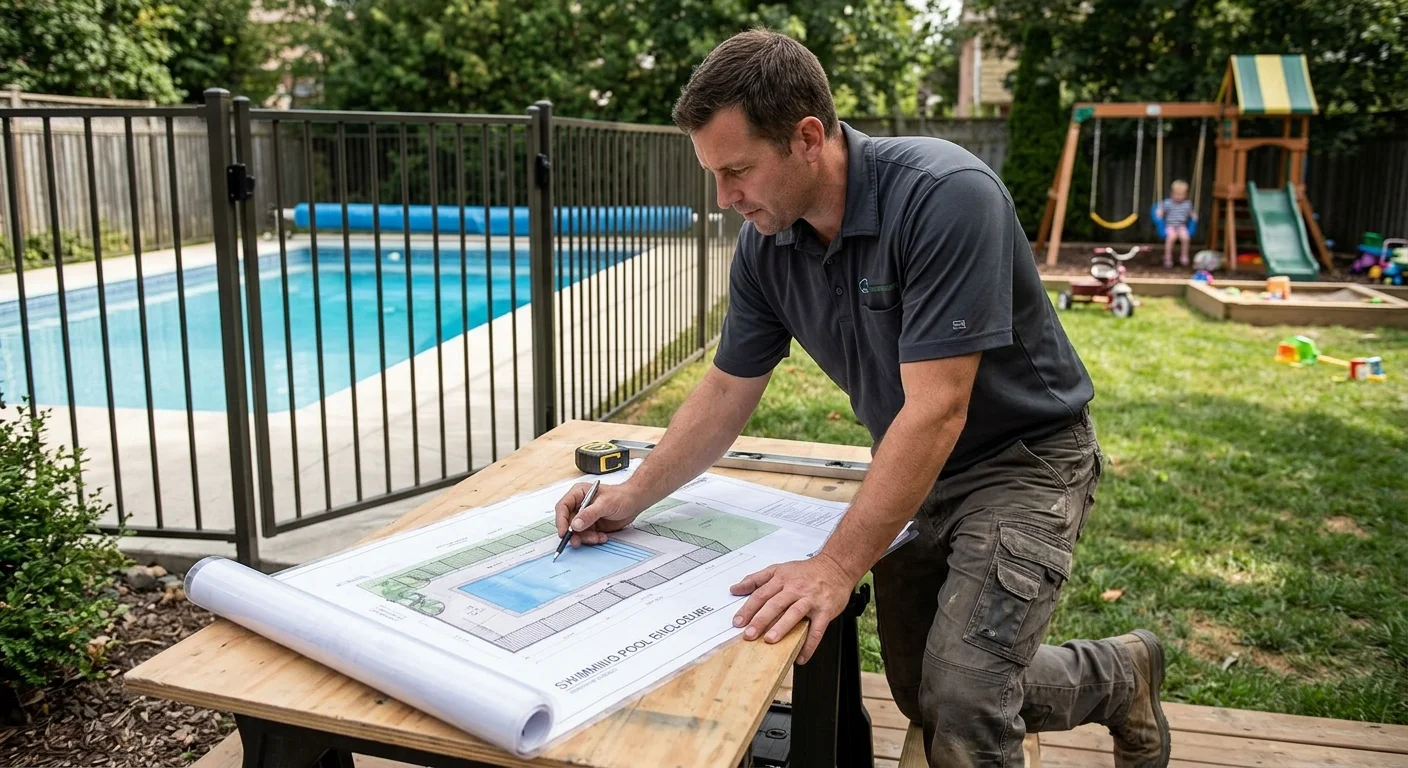 An adult reviewing a pool barrier plan beside a separate play area