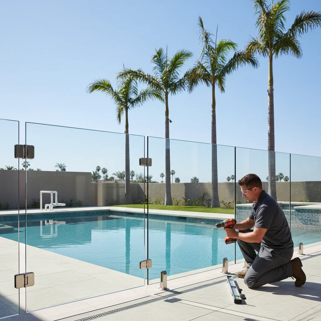 A modern glass panel pool fence with a self-closing gate secures a beautiful San Diego backyard pool with palm trees and a tile deck.
