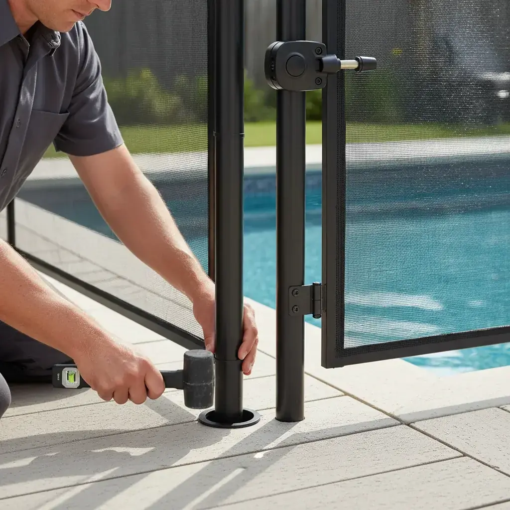 Close-up of a black removable mesh pool fence post anchored into a deck, showing the secure, child-resistant self-latching gate mechanism.