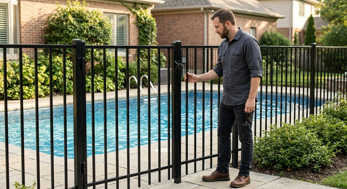 A prospective homebuyer viewing an existing backyard pool fence and gate