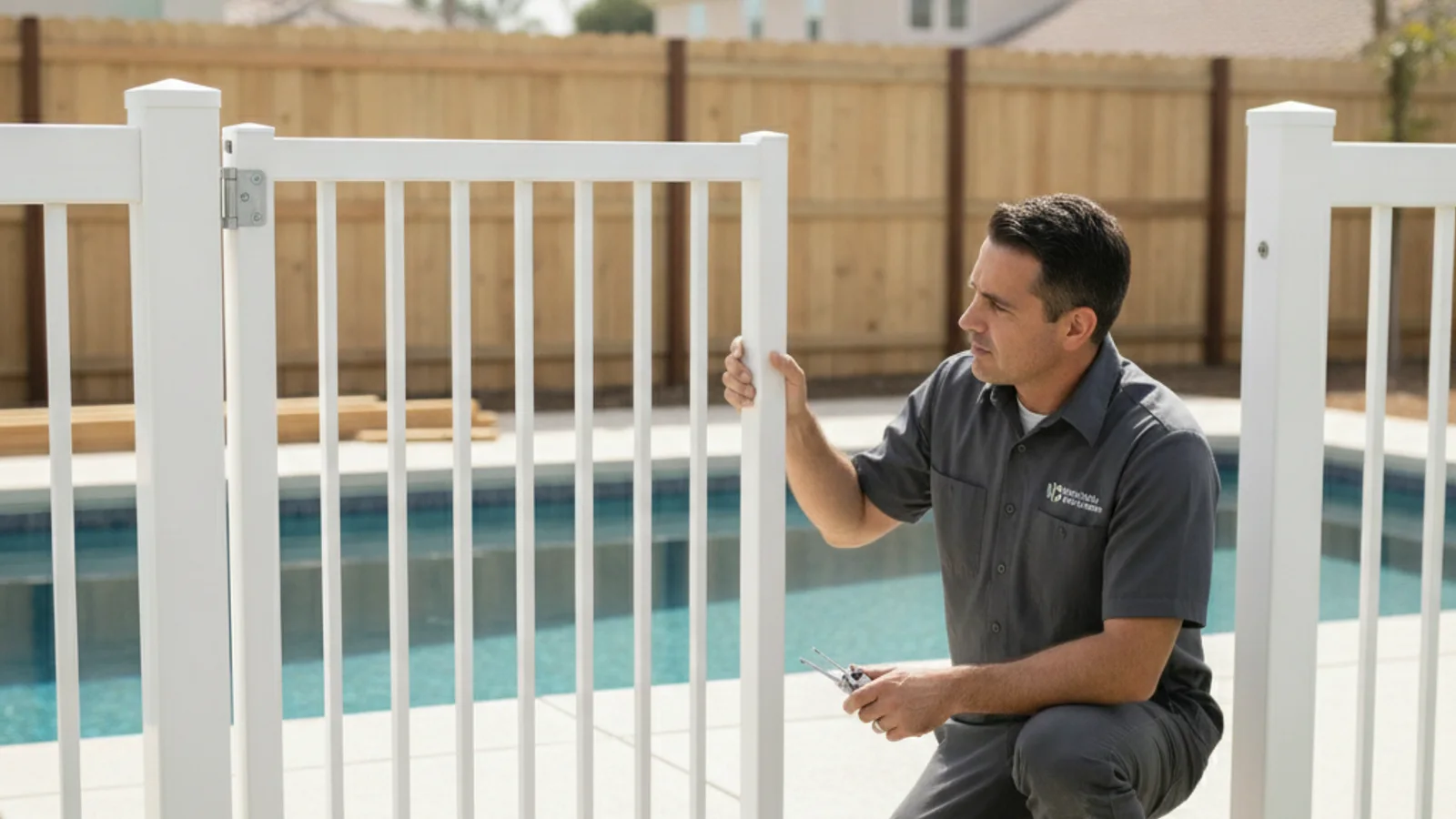 A residential pool gate in a San Diego backyard sitting partly open instead of swinging closed, with the hinge and latch visible