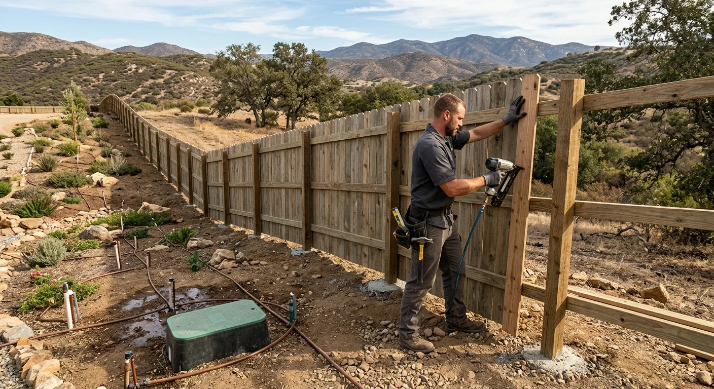 Pressure-treated pine fence beside an irrigated inland San Diego yard