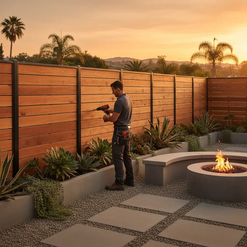 Horizontal cedar privacy fence with a blackened steel frame in a San Diego backyard with succulents at golden hour