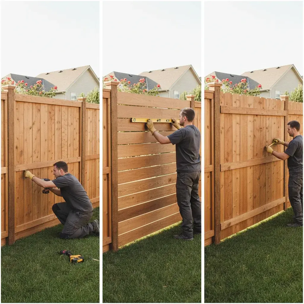 Side-by-side comparison of vertical board, horizontal slat, and board-on-board privacy fence styles in a residential San Diego yard