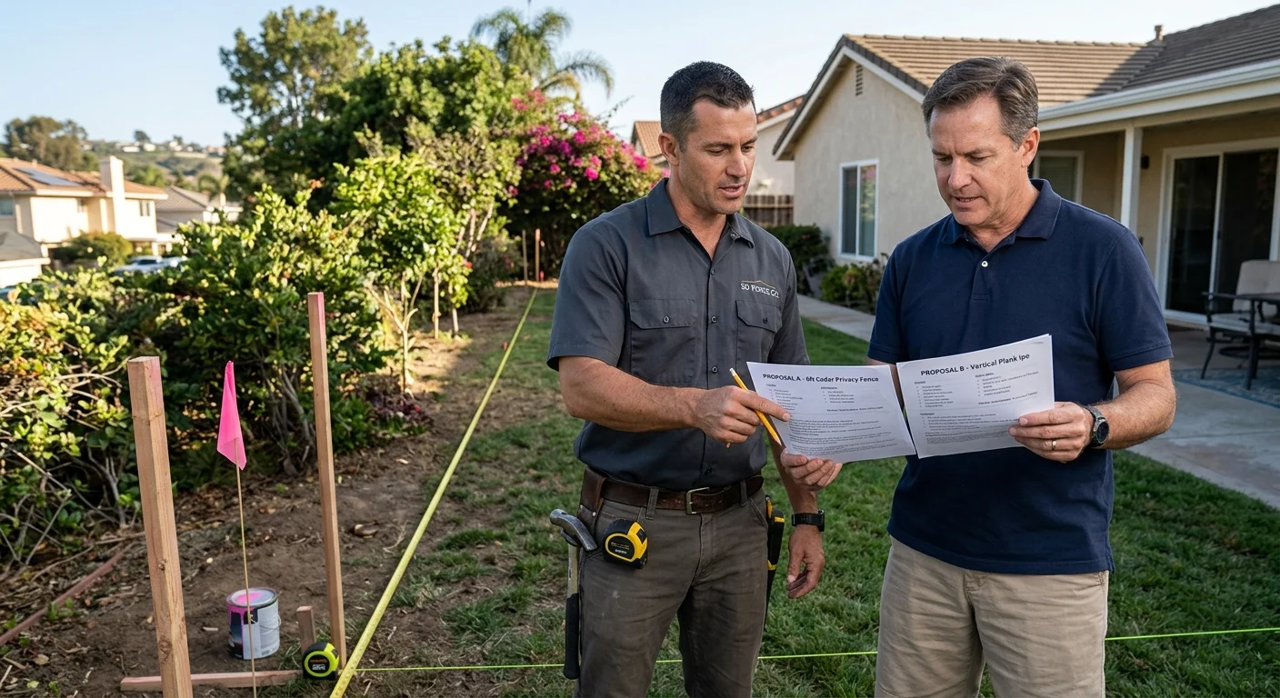Homeowner comparing privacy fence proposals beside a marked backyard fence line