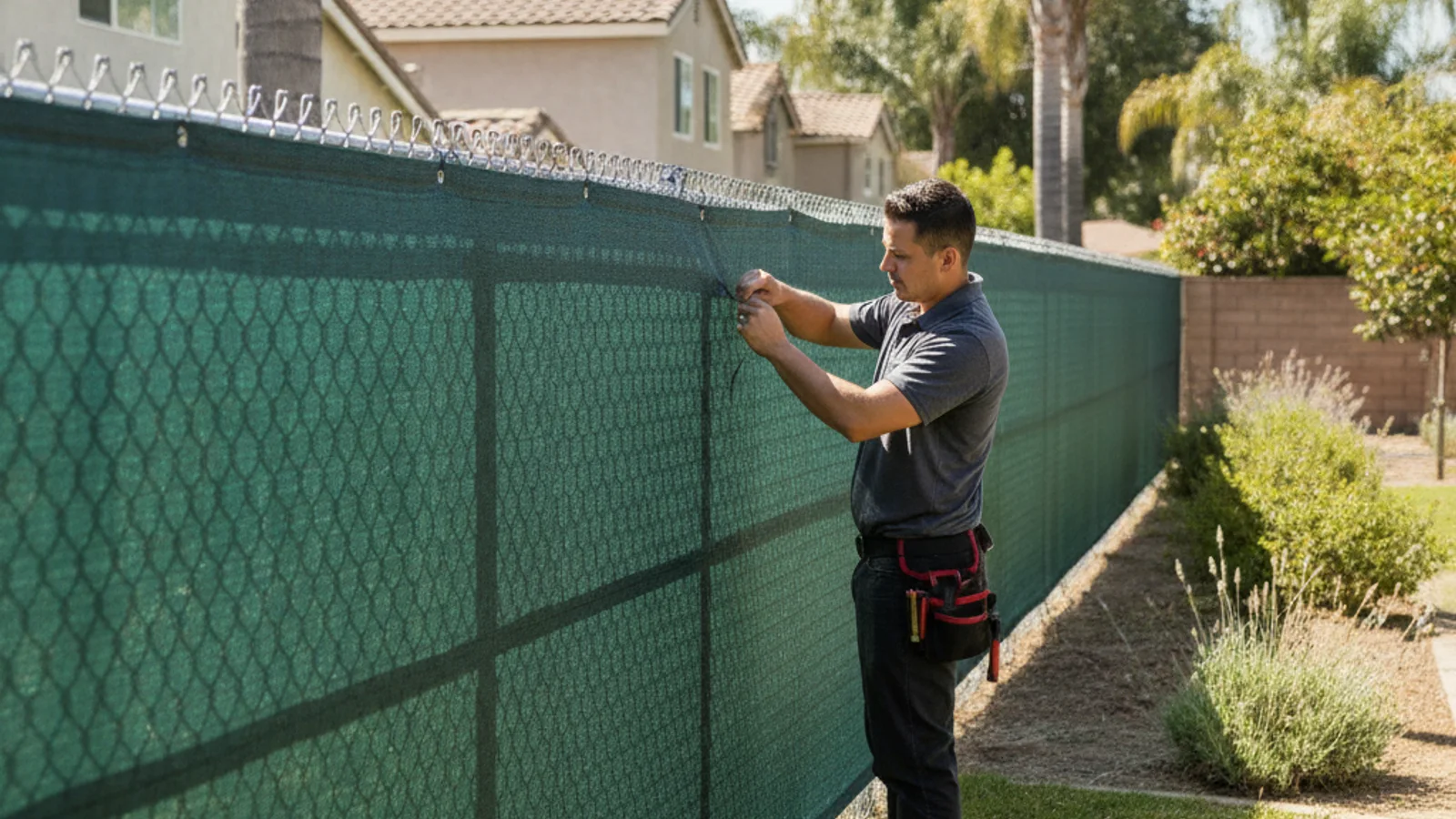 A reed privacy screen mounted to a chain link fence in a San Diego backyard.