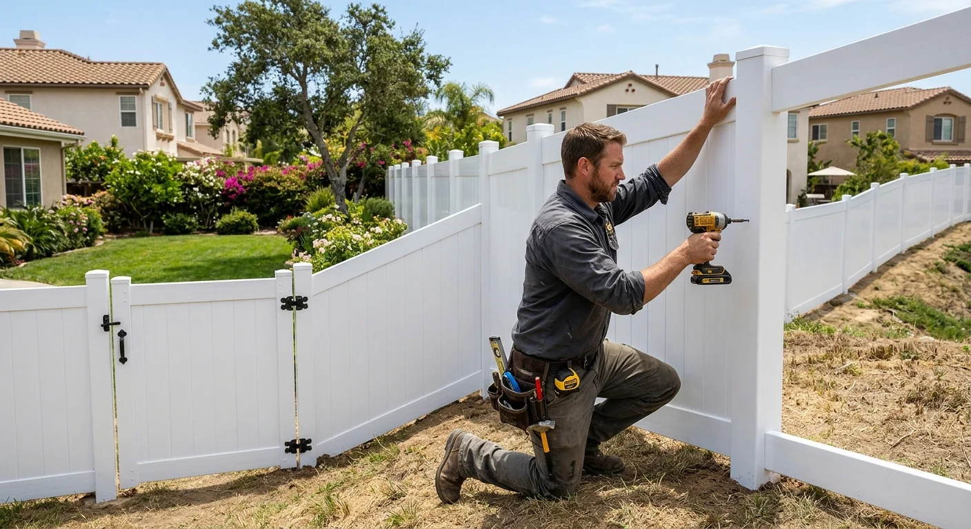 White vinyl-style privacy fence with posts, panels, and a matching gate on a San Diego suburban lot