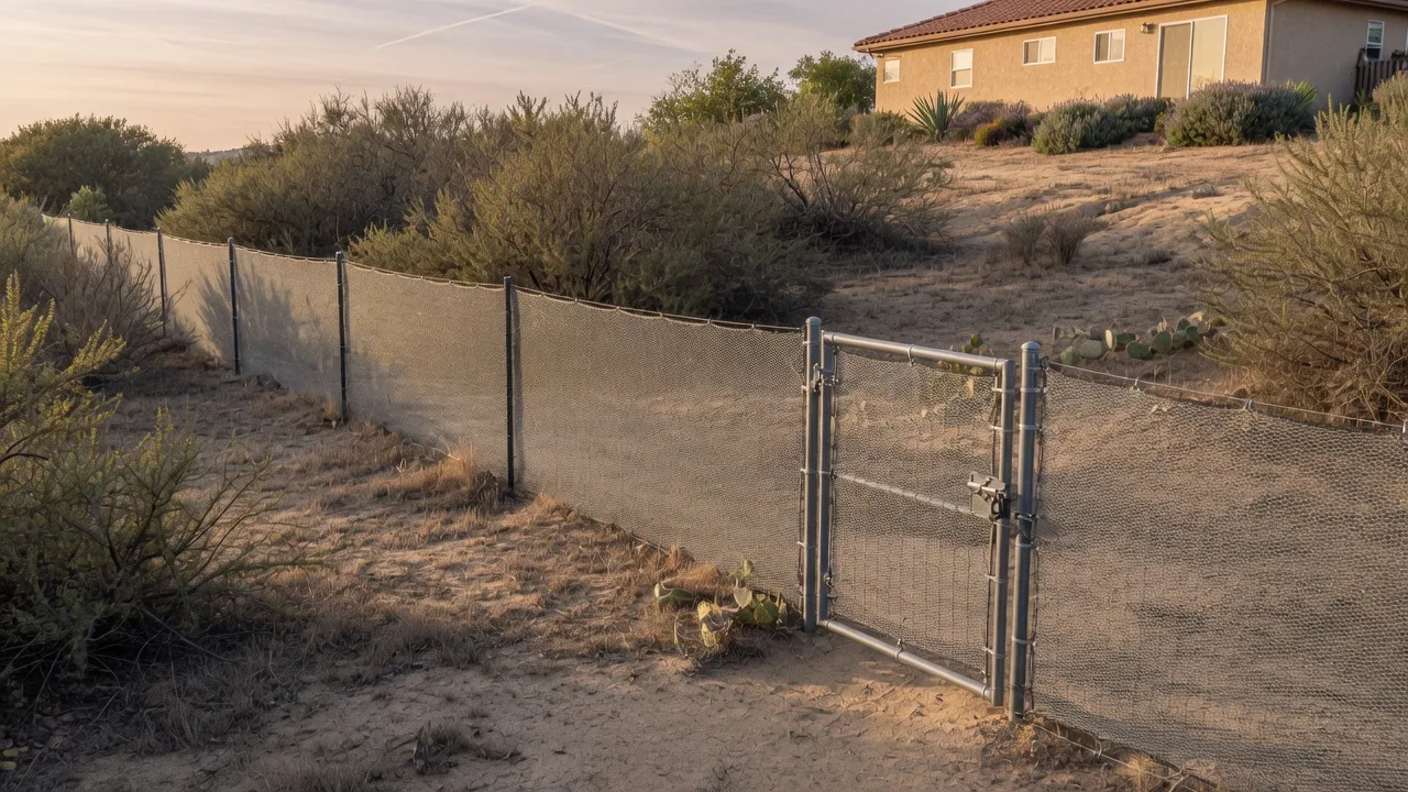 Low metal mesh wildlife fence with a tight-fitting gate along a dry San Diego County canyon-edge yard