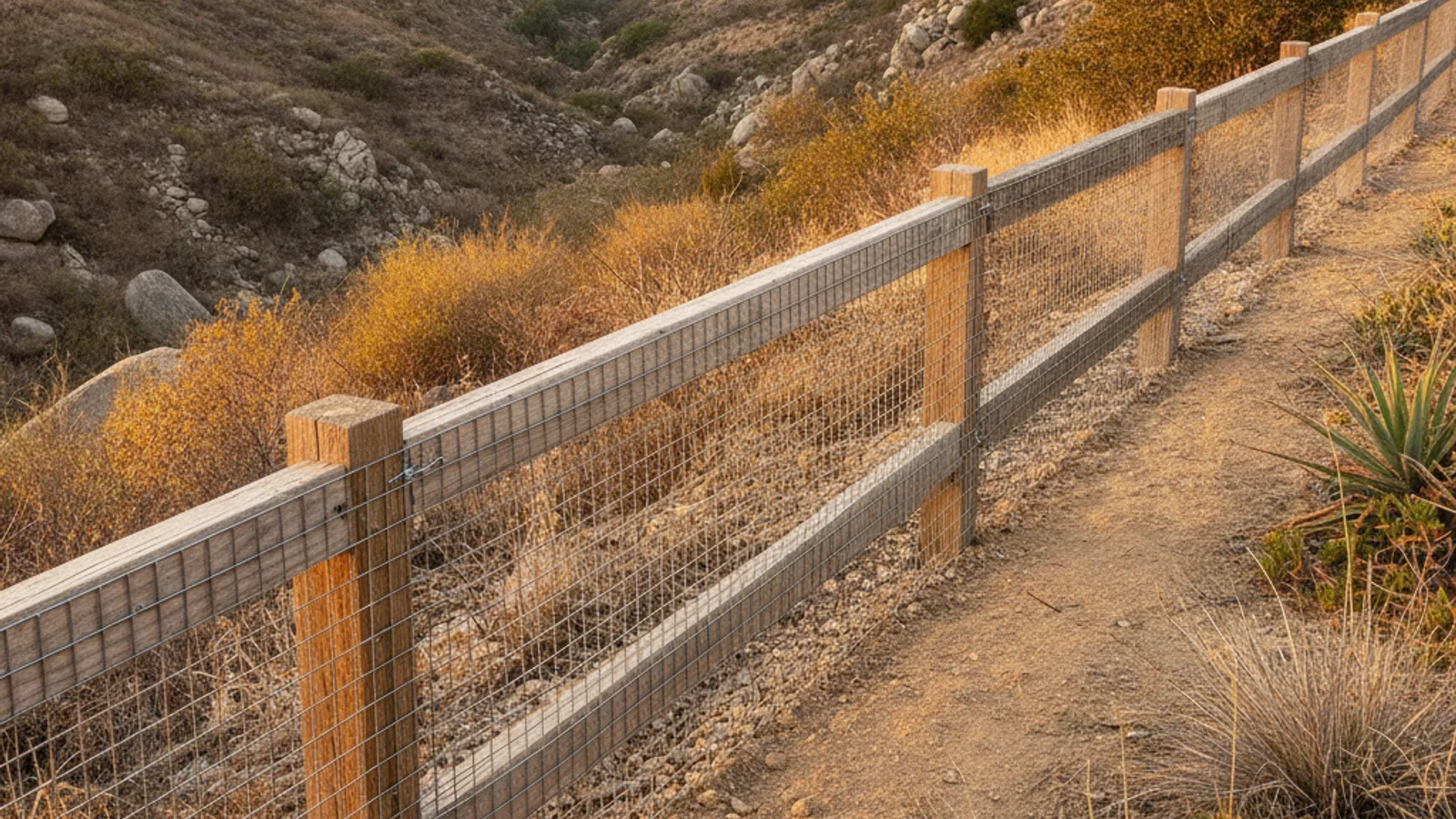 Fine quarter-inch galvanized steel mesh attached to the outside base of a backyard fence on a chaparral-edged property in San Diego County to block rattlesnakes.