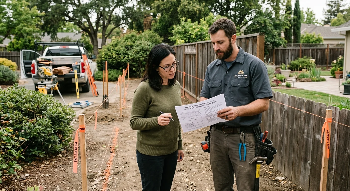 A homeowner and independent fence contractor reviewing a redwood fence proposal beside a backyard fence line