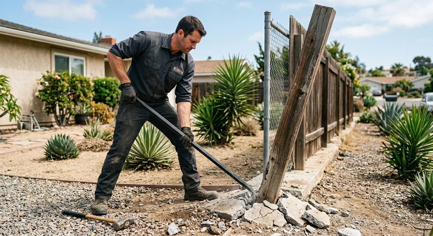 A fence professional using a digging bar to break up old concrete around a leaning fence post in a San Diego yard.