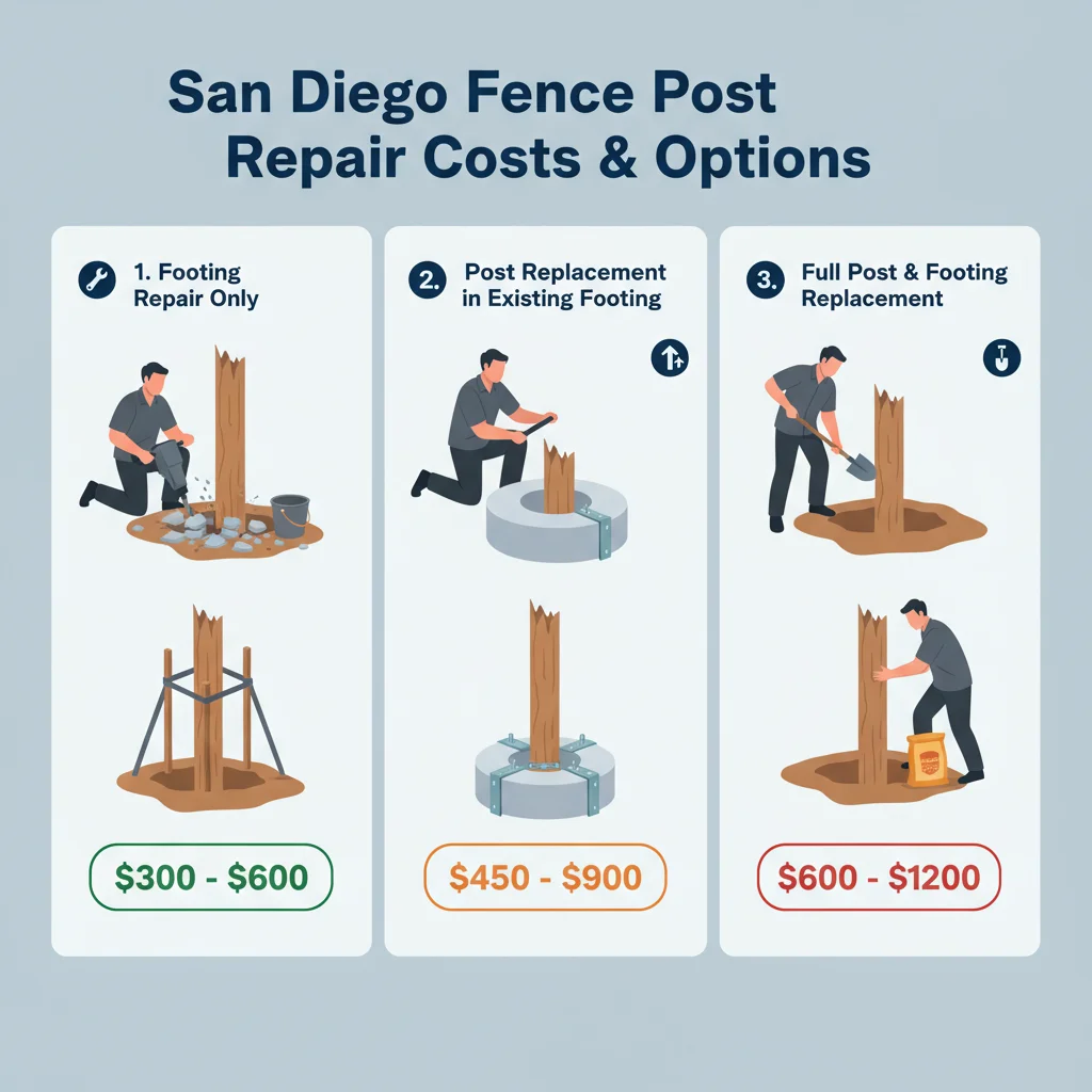 Infographic comparing costs and factors for repairing a fence post footing versus replacing a fence post in San Diego.