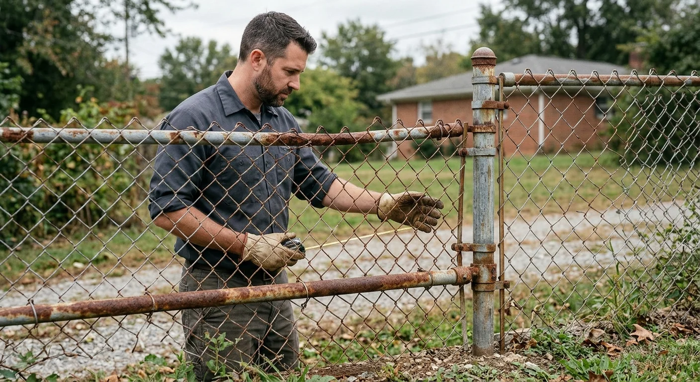 Chain link fence with corrosion on the fabric, fittings, and lower rail