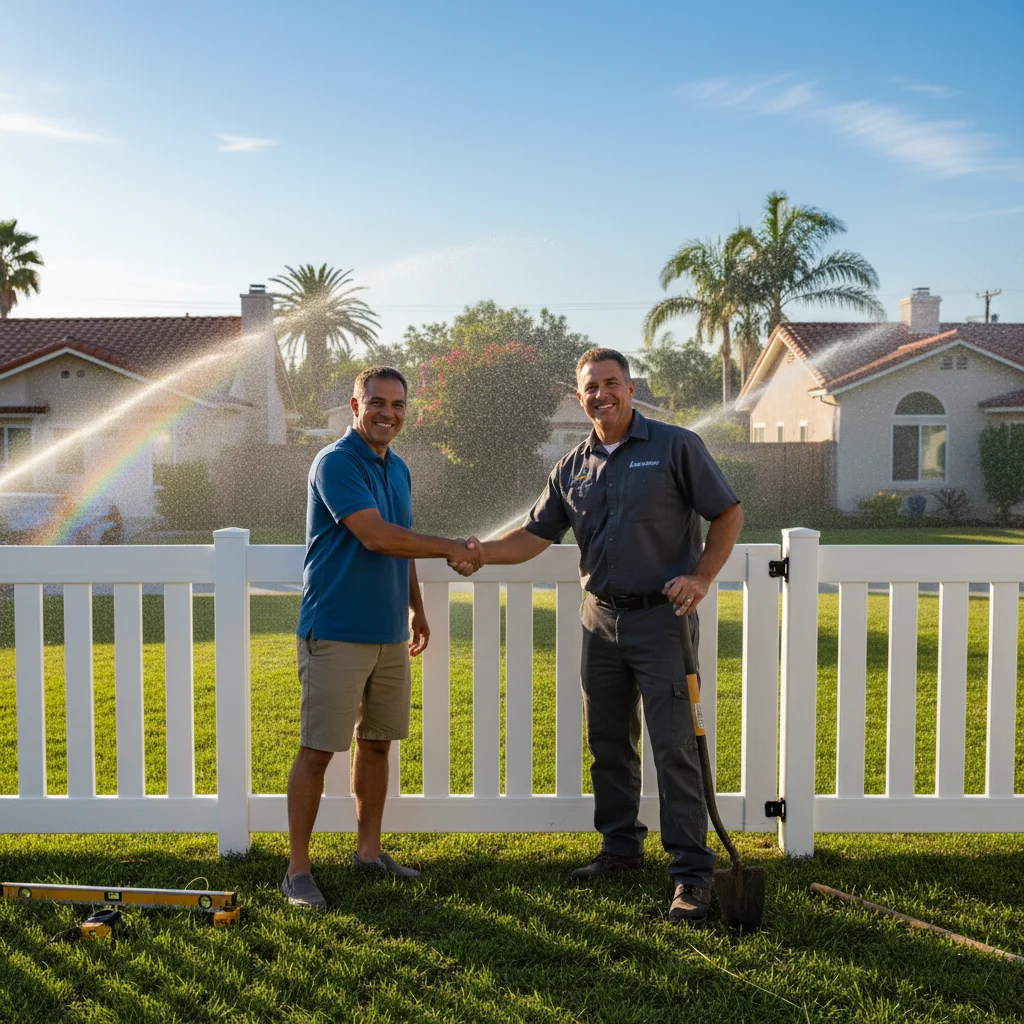 Two neighbors shaking hands over a newly installed property line fence in a sunny San Diego neighborhood.