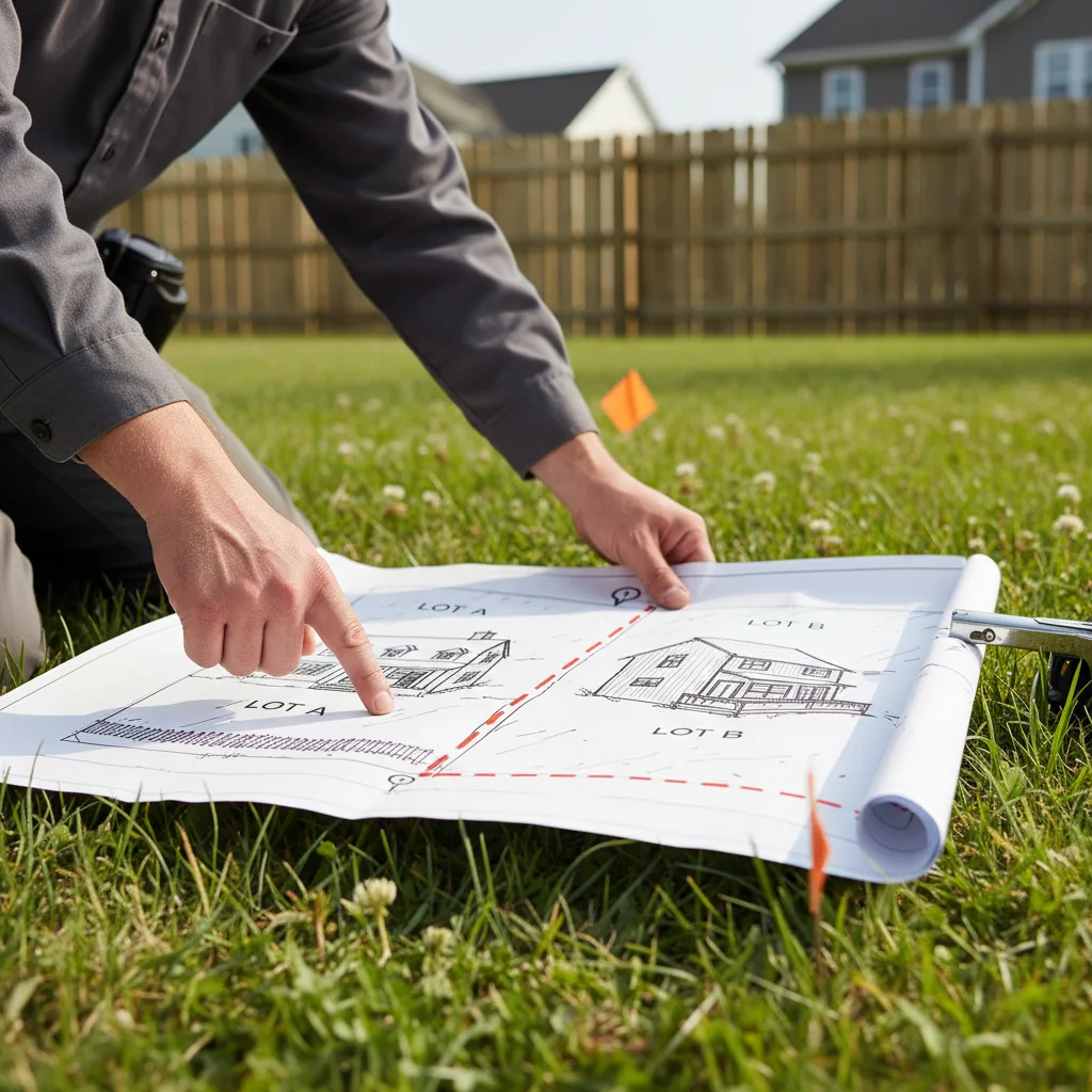 An image of a property survey map with the property line clearly marked between two houses.