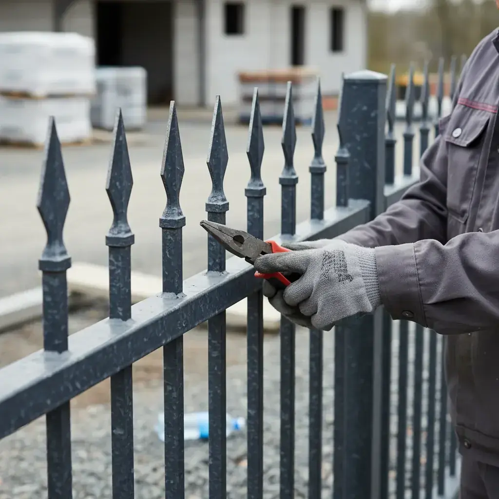 A close-up of a pressed spear top on a black steel fence, an effective anti-climb security feature.
