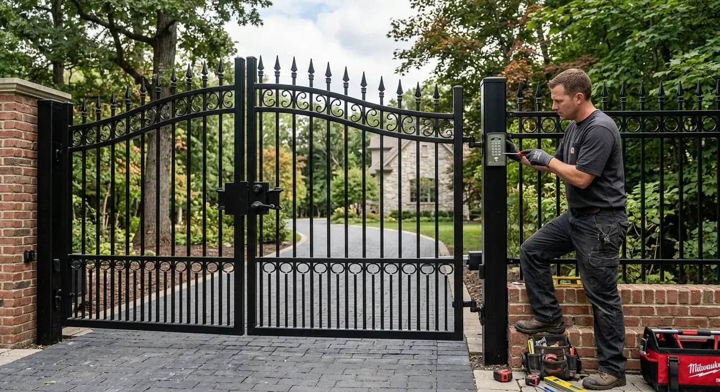 An imposing but elegant black steel security gate at the entrance to a driveway, featuring anti-climb spears and a keypad access panel.