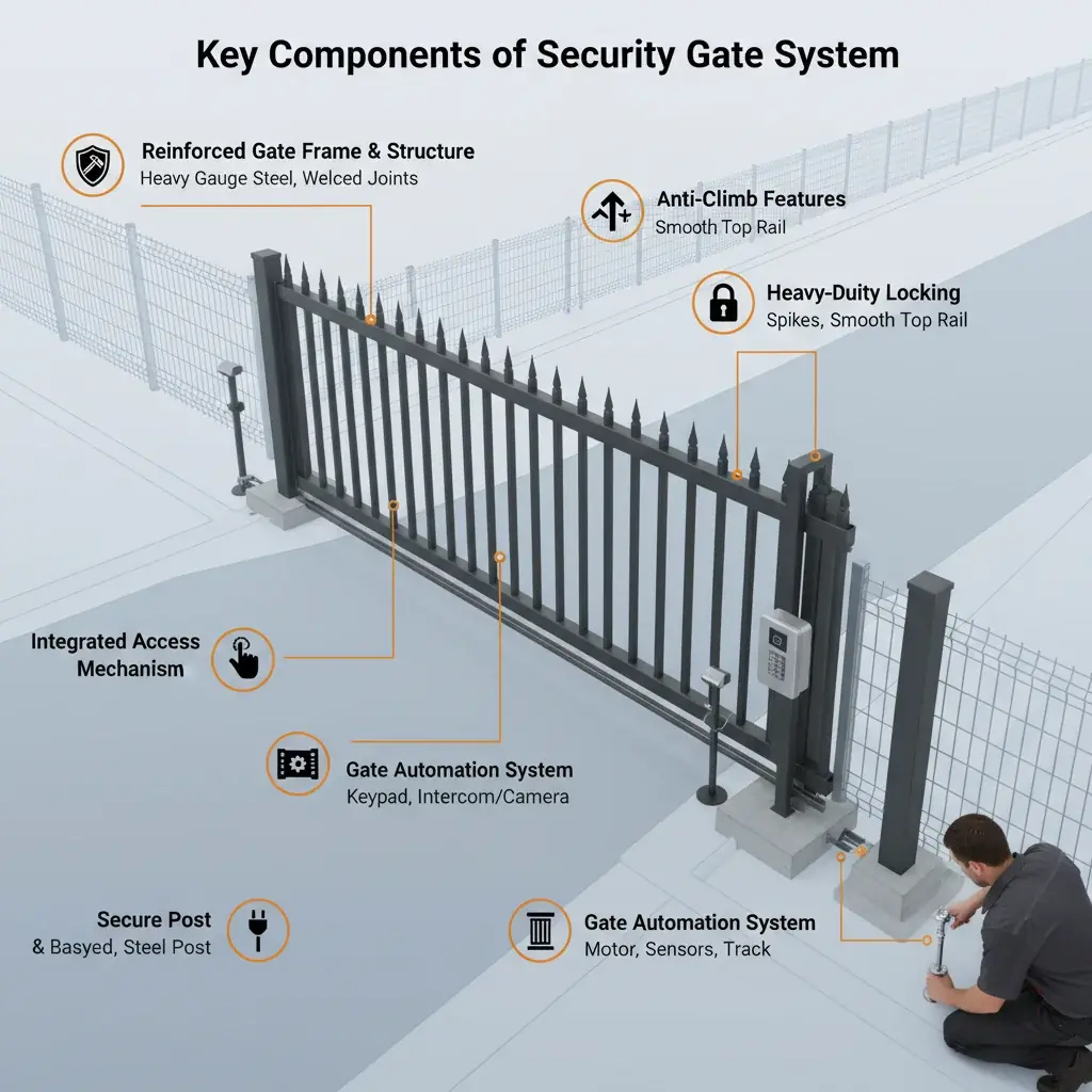 Infographic illustrating key components and benefits of a modern security gate system.