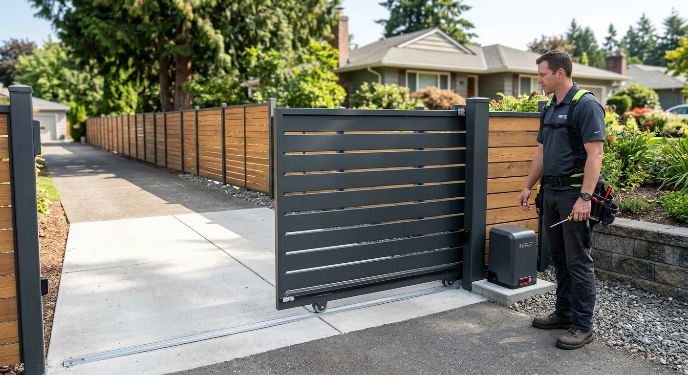 A residential sliding driveway gate with its opener, travel path, and adjacent fence line