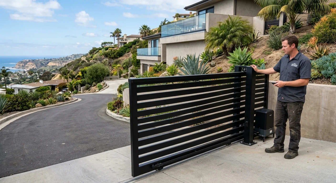 A modern, black aluminum sliding gate smoothly opening across the driveway of a hillside home in San Diego.