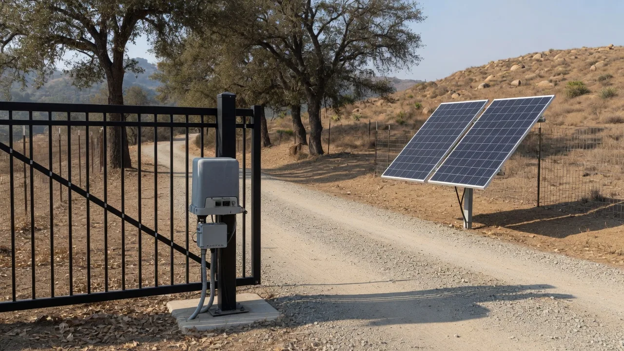 Solar panels on a post beside a black swing driveway gate on a rural San Diego County lot