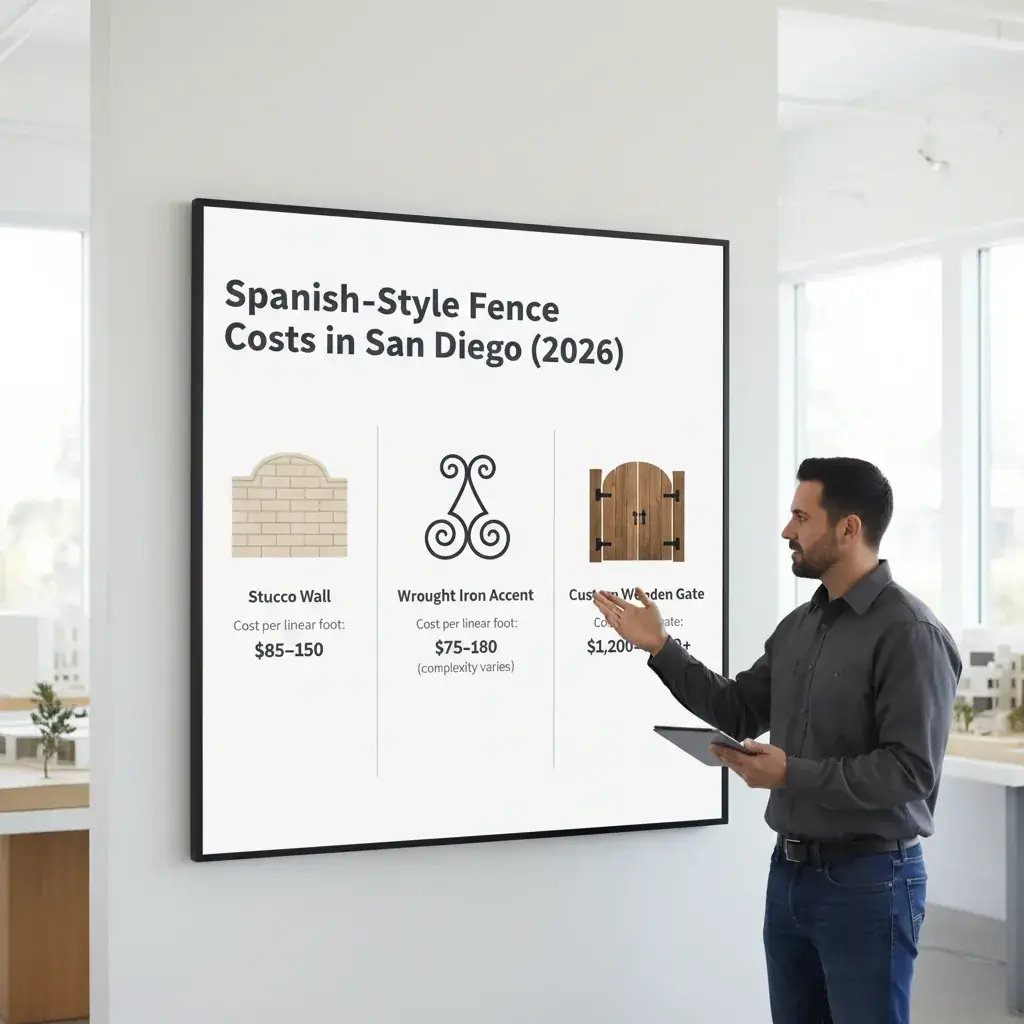 Infographic detailing components and estimated cost ranges for Spanish-style fence features in San Diego, including stucco, wrought iron, and wood gates.