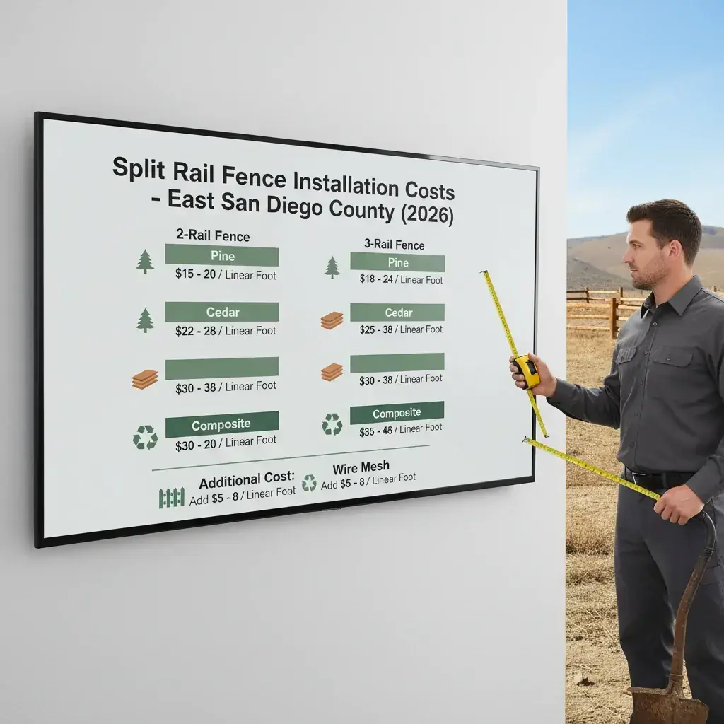 Infographic showing typical split rail fence costs per linear foot for 2-rail and 3-rail split rail fences using cedar, pine, and composite materials, with and without wire mesh, in San Diego's East County.