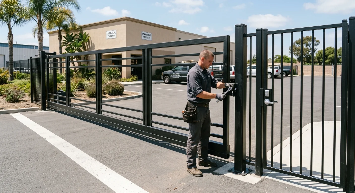 Steel vehicle gate with separate pedestrian access at a San Diego commercial property
