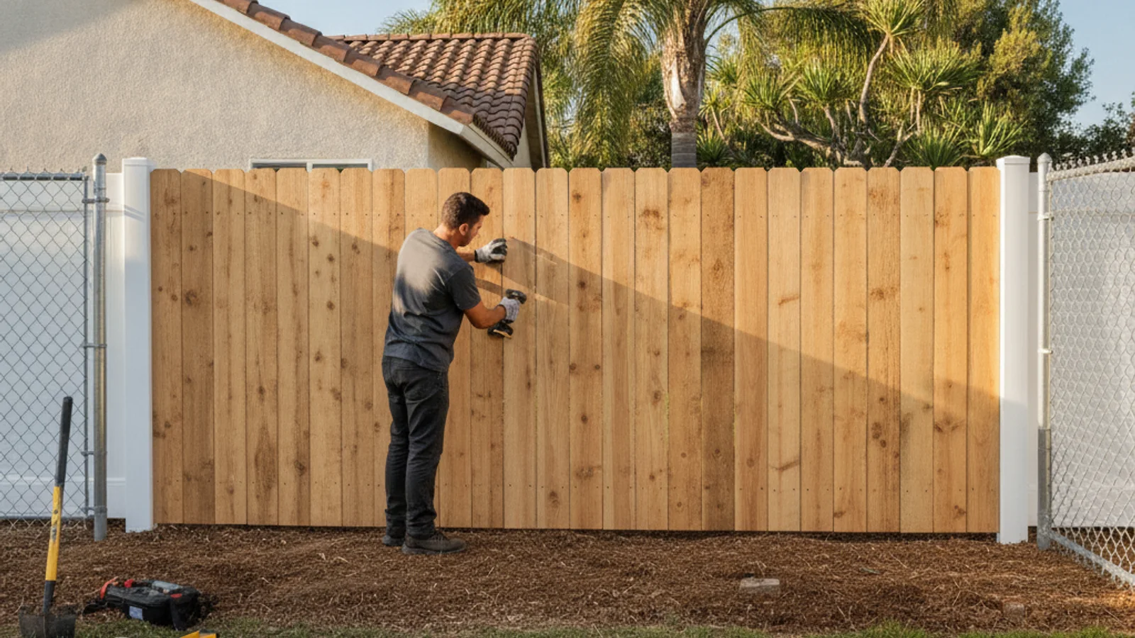 A wood stockade fence with tightly spaced vertical pickets enclosing a San Diego backyard.